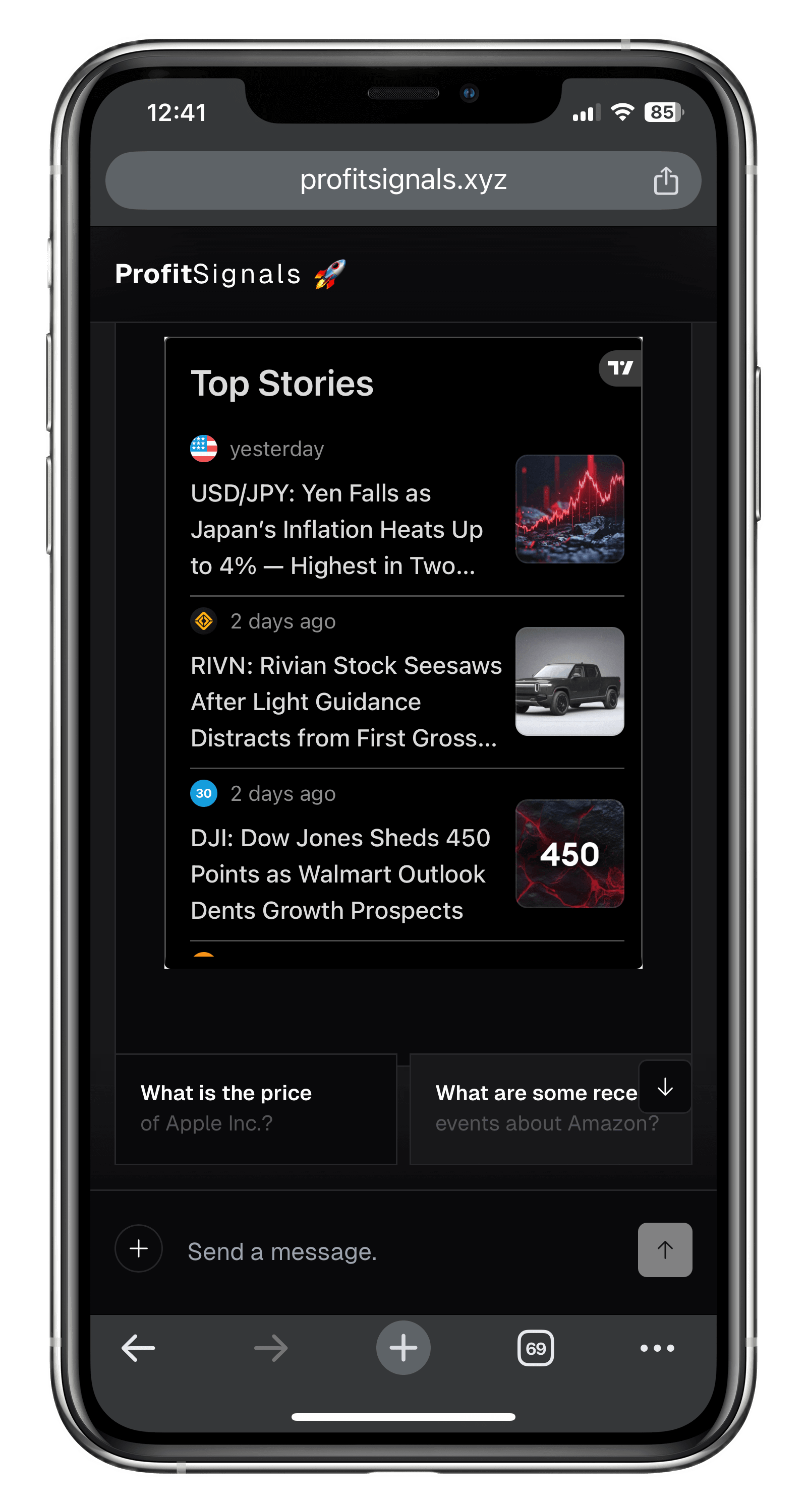 ProfitSignals.xyz AI agent preview with charts